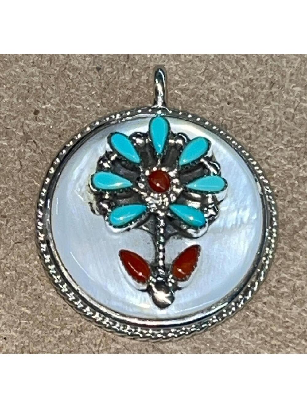 Vintage Zuni traditional turquoise, coral, mother of pearl inlay flower design